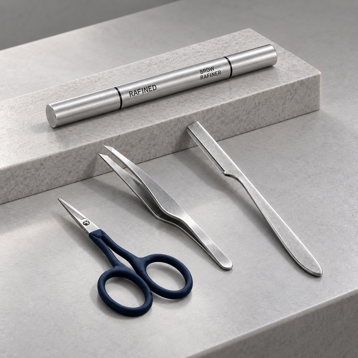 The full set arranged on a modern stone counter