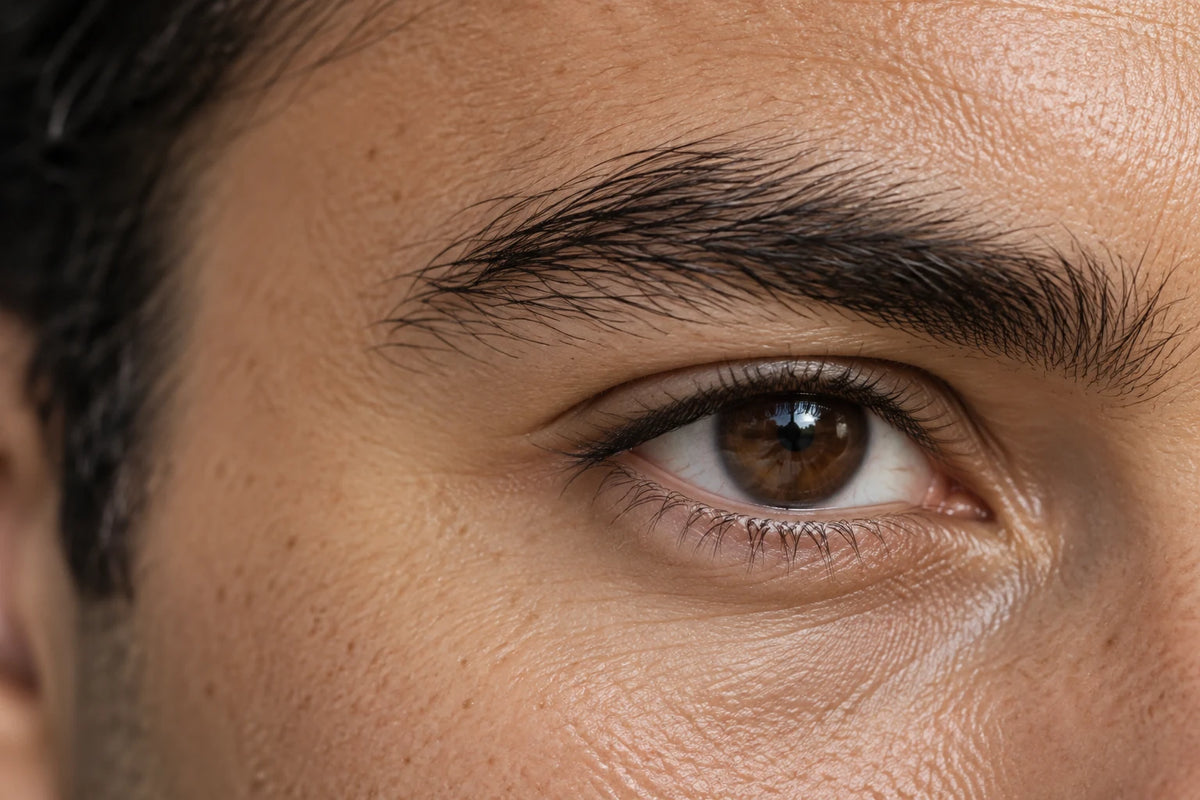 AI-created close-up illustration of individual brow hairs and natural skin texture