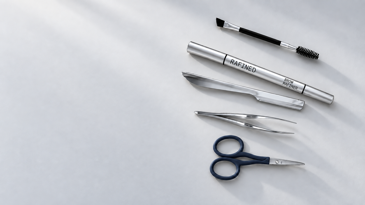 RAFINED grooming tools in directional studio lighting, with slender polished steel tweezers.